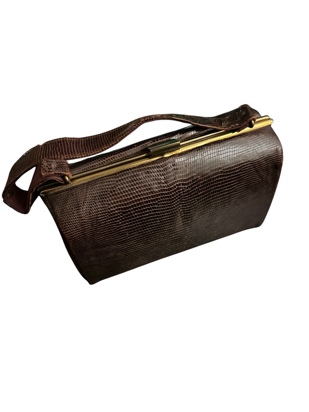 Vintage 50s/60s Mid Century Dark Brown Lizard Skin Leather Handbag Gold Hardware